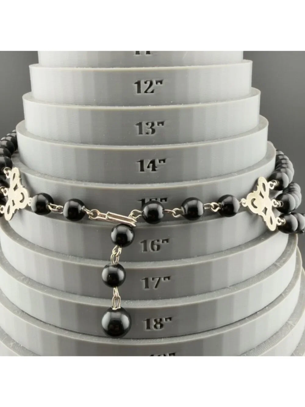 Vintage Beaded Statement Necklace Black Silver Acrylic Multi Strand
